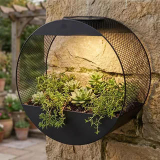 levandeo Solar Wandlampe Blumentopf Metall Schwarz - LED Gartenleuchte Industrial Design - Schwarz