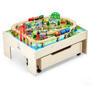 Vevor Holz Aktivitätstisch, 100-teilig, Eisenbahntisch mit rollender Schublade, 3-in-1-Holzeisenbahn-Set zum Spielen, Malen, Lesen, Essen, kreatives Spielzeug-Set für Kinder ab 3 Jahren