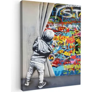 MuchoWow Leinwandbild Graffiti - Junge - Ilussie - Straßenkunst 60x80 cm , Hellgrau , Textil , Kiefer , Rechteckig , 60x80 cm , FSC 100% , gerahmt , Bilder & Rahmen, Bilder, Leinwandbilder