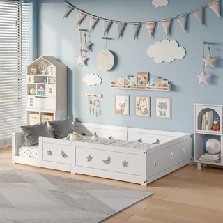 Kinderbett 140 x 200 cm mit Sicherheitsgittern und Lattenrost – Massivholz Kiefer – Weiß - Weiß