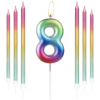 Regenbogen-Kerze mit 6 langen Stabkerzen, Metall-Stil, Regenbogen-Geburtstagskerze, Kuchendekoration, Happy First Birthday-Kerze, farbige Kuchendekoration für Mädchen und Jungen,