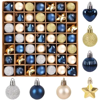 62 STK Weihnachtskugeln Klein & Sterne & Herz Set - 3cm Kunststoff Christbaumkugeln Blau Gold Mini Weihnachtsbaumkugeln Bruchsicher mit Geschenkpaket,Christbaumschmuck Deko Weihnachten