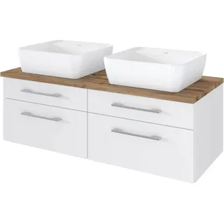 Doppel Waschtischunterschrank 120 cm inkl. Keramik Aufsatzwaschbecken TAREE-03 in matt weiß - Weiß