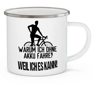 OM3® lustige Fahrrad Emaille-Tasse mit Spruch - Warum ich ohne Akku fahre? - Weil ich es kann | Emailletasse Emaille Becher | 12oz 300ml | Beidseitig Bedruckt | Weiß-Metall