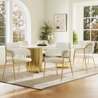 Flieks Esszimmerstühle Essstuhl 6er Sets, Küchenstuhl Polsterstuhl mit Golden Metallbeinen, Wohnzimmerstuhl Armlehnstuhl, Schlingenvelours, Beige - Beige