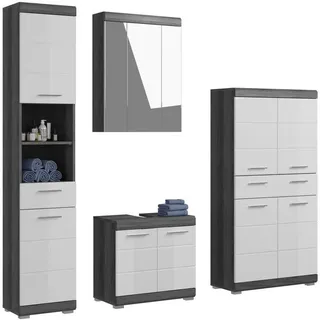 Badkombination 4tlg. Scout Bad in Rauchsilber Nachbildung und weiß hochglanz B/H/T: 186x191x34 cm , Anthrazit , Holz , Recyclingholz , 186x191x34 cm , Badezimmer, Badmöbelsets & Badmöbelserien, Badmöbel-Sets