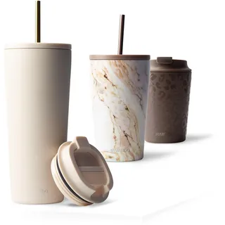 MAMEIDO Thermobecher mit Strohhalm 700 ml, Trinkbecher mit Deckel und Strohhalm aus Edelstahl doppelwandig isoliert, auslaufsicher, Coffee to go Becher (Ivory Beige)
