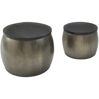 WOHNLING Design Couchtisch 2er Set Mango Massivholz Satztisch Rund Silber, Wohnzimmertisch Aluminium abnehmbarer Deckel, Beistelltisch Modern Metall / Holz 2-teilig mit Stauraum - Silber