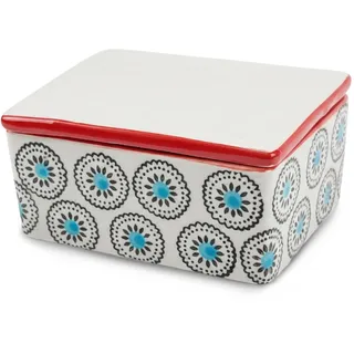 PARUSIA Butterdose Porzellan mit Deckel, Steingut Geschirr, Butterdosen in 4 verschiedenen Designs: Blüten, Ornamente, Herzen, vintage, Butterdose Keramik für Butter (Blüten blau)