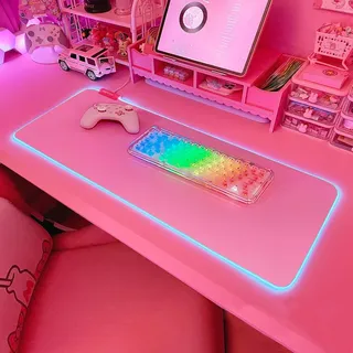 JMIYAV Rosa RGB Gaming Mauspad Led Erweiterte Groß Schreibtischunterlage Rutschfester Gummi XL XXL Pink Gaming Mousepad Großes Mouse Pad Mouse Mat für Gamer 800x300 mm P1-1