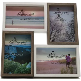 Smiling Art | Bilderrahmen Collage für 4 Fotos | Fotorahmen aus MDF Holz mit Glas | zum Aufstellen und Aufhängen | Deko, Geschenkidee für Geburtstag Hochzeit (Weiß & Dunkelbraun, 4x10x15 cm)