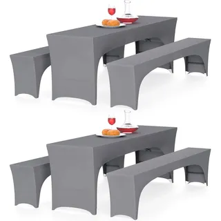 Alishomtll Zwei 3er-Set Elastisch Biertischhussen, Stretch Bierzeltgarnitur für 70cm Tischbreite, Bierbankhussen Bankgarnitur für Biertisch und Bierbank Bankett Gartenmöbel-Bezüge, 220x70cm Grau
