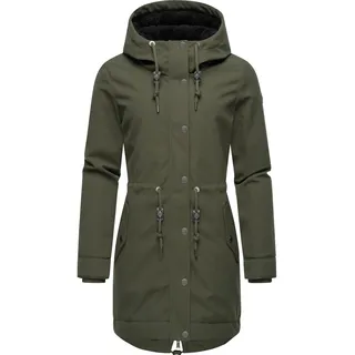Parka RAGWEAR "Kurzmantel Canny Canvas", Damen, Gr. M, grün (schwarz olive), Obermaterial: 100% Polyester PES.  Obermaterial: Futter: 100% Polyester PES. 100% Polyester PES., figurumspielend ca. Mitte Oberschenkel, hoch geschlossener Ausschnitt, verstellbar Rippstrickbündchen, Jacken Parka, Wasserdichter Damen Wintermantel mit Kapuze