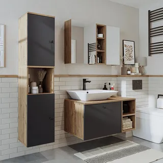 Roomart LOTUS-II-95 Badmöbel-Set 4-teilig 95 cm breit, Anthrazit-Eiche - Hellgrau