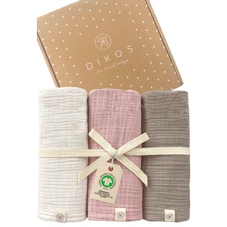 DIKOS Baby Mulltücher 3er Set Altrosa, Creme gekreppt 64x64cm | 100% GOTS Bio-Baumwolle | Musselin Mulltuch Spucktuch Junge Mädchen | Mullwindeln | Neugeborenen Erstausstattung Geschenk zur Geburt