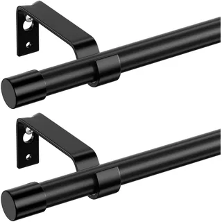 Gardinenstange Schwarz 300 cm 2 Stück, Wandmontage Schwarze Matt Metall 16mm Durchmesser Gardinenstange Set 3m Lang