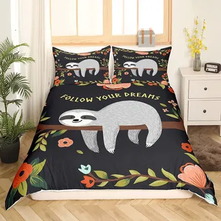 Faultier Bettbezug Set 135x200, Niedliche Karikatur Faultier Bettwäsche Set Kinder Mädchen Jungen Weiche Bettdecke Set Schöne Tier Botanisch Blumen Tagesdecke für Jungen Kinder, 1 Kissenbezug