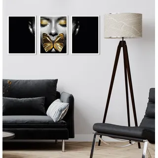 OTTO home Bild mit Rahmen »Gesicht Schmetterling Gold - Gerahmter Digitaldruck - Wandbild« 3er-Set, 3x 30x40 cm - Holzrahmen - Dekoration - Weißer Rahmen - Triptychon, goldfarben