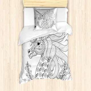ABAKUHAUS Schwarz und weiß Mantele, Fantasie-Einhorn, Milbensicher Allergiker geeignet mit Kissenbezügen, 135 cm x 200 cm - 80 x 80 cm, Schwarz-Weiss - Schwarz