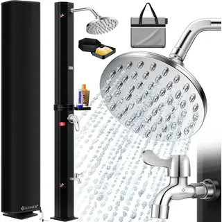 KESSER® Solardusche 40- 60 Liter Solar Gartendusche | warmes Wasser | max. 60°C | Inkl. Metall-Duschablage & Schutzhaube | Pooldusche Camping| Regenduschkopf und Wasserhahn Gartenschlauch-Anschluss - Schwarz