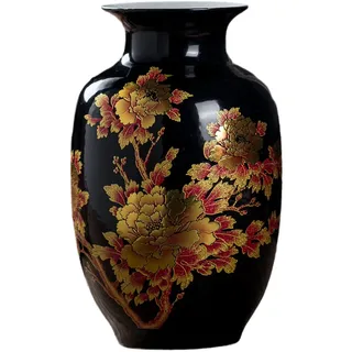Schwarze Vasen chinesische Keramik-Blumenvase, verziert mit Pfingstrosen-Design, für Zuhause, Wohnzimmer, Display und Geschenk von Jingdezhen Porzellan