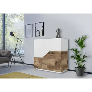 Dmora - Kommode Domenico, Küchen-Sideboard mit 2 geometrischen Türen, Wohnzimmer-Buffet, Küchen-Sideboard, 100 % Made in Italy, 79 x 43 x 86 cm, glänzendes Weiß und Ahorn