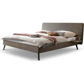 Massivholzbett Eiche mit Polsterkopfteil – 160 x 200 cm / Wildeiche bianco / webstoff-blau