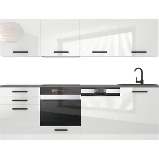 Belini Küchenzeile Küchenblock Alice - Küchenmöbel 240 cm Einbauküche Vollausstattung ohne Elektrogeräten mit Hängeschränke und Unterschränke, ohne Arbeitsplatten, Weiß Hochglanz - Weiß