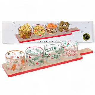 MIJOMA Servierset Weihnachten X-MAS – 5-teiliges Festliches Holzbrett mit Glasschalen – Perfekt für Tapas, Käse, Dips und Süßigkeiten