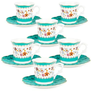 fanquare Grüne Blumen Tee Tassen und Untertasse Sets von 6 Bone China Vintage Espresso Kaffeetasse mit Gold Trim Elegante Nachmittagstee Set Porzellan Tee Service Geschenke 80ml