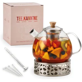 lieb&lecker - Teekanne mit Stövchen + Bowleset + Siebeinsatz - 1500ml Bowlegefäß aus Borosilikatglas, Inkl. Edelstahlkelle, 4x Pikser, Insektenschutz, 2x Rezepte - auch Cocktails + Punschgefäß