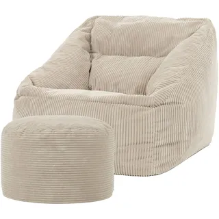 I.C.O.N. icon Sitzsack Sessel mit Hocker für Erwachsene, Beige, Flauschiger Cord Stoff, Riesen Sitzsack Cord mit Füllung, Bean Bag Chair, Bequemer Sessel, Wohnzimmer, Lounge, Schlafzimmer, Büro