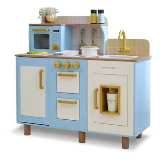 Teamson Kids Little Chef Hampton Holz-Kinderküche mit Eiswürfelspender, Spüle, klickbaren Drehknöpfen, Stauraum und 17 Zubehörteilen