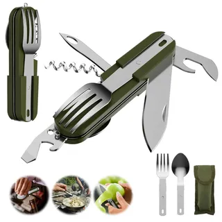 Outdoor Besteck Set Edelstahl Klappbesteck 7 in 1 Camping Besteckset (Grün)