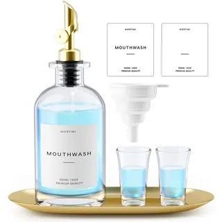 Moryimi Mundspülspender, 16 oz Glas Mundwasser Dekanter für Badezimmer, Mundspülbehälter Mundspülflasche mit Ausgießer, wiederverwendbares Mundspülspender-Set mit Tassen, goldenem Tablett und Trichter
