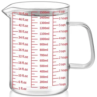 Luvan 1500ml​ Messbecher Glas, Drei Verschiedenen Skalen für Unze, Milliliter, Tassen, hitzebeständiges Borosilikatglas, Perfekte Messbechers mit V-förmiger Ausguss und Griff zum Backen & Kochen