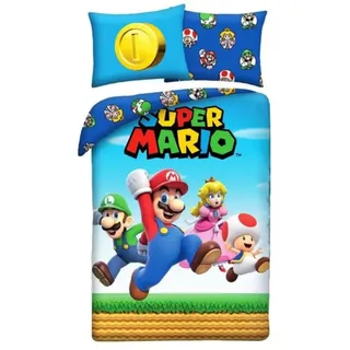 Super Mario mit Luigi Toad Prinzessin Daisy – Bettwäsche-Set Bettbezug 140 x 200 cm + Kissenbezug 70 x 90 cm – wendbar – 100 % Polyester – Hellblau