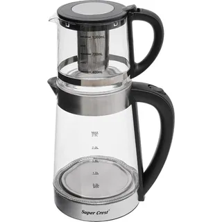 Türkische Teemaschine - Elektrischer Wasserkocher & Teekanne - 2,5 l + 1 l - 1800 W - EU‐Stecker 220 V 50 Hz - Doppelwandig - Glas & Edelstahl - Hellgrau