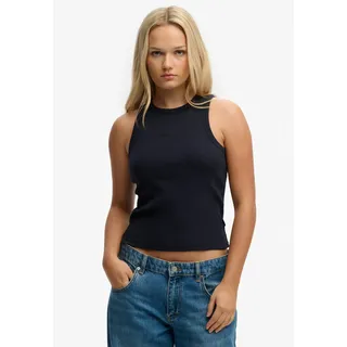 Tanktop SUPERDRY "ESSENTIAL LOGO RACER VEST", Damen, Gr. L, schwarz (eclipse navy), Jersey, Obermaterial: 100% Baumwolle, unifarben, regular fit normal, Rundhals, Tops Tanktop, aus Baumwolle, Regular Fit, mit Rundhalsausschnitt, ärmelloses Design