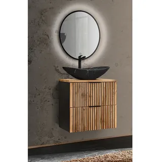 Gäste WC Waschplatz mit Waschtisch Unterschrank 60 cm, LED Spiegel Touch Funktion XANTEN-56 in anthrazit mit Eiche Nb. schwarz gerillt, B/H/T: 62/200/46,5 cm - Braun