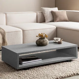 WOHNLING Couchtisch 100x50x25 cm Grau Sofatisch in Beton-Optik Modern Wohnzimmertisch Rechteckig mit Stauraum Loungetisch Schlicht Kaffeetisch Groß - Grau