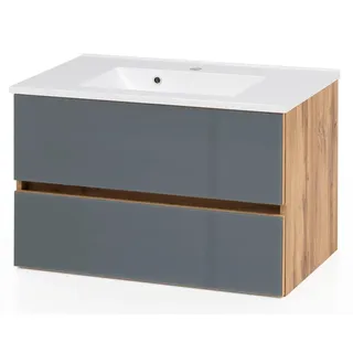 Waschtisch-Unterschrank HEERLEN-03 inkl. Waschtisch in Wotaneiche Nb. mit Glasfronten grau, B/H/T: ca. 80/56/47 cm - Braun