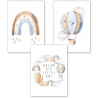 Lemmami Papeterie 3er Set Boho Deko Wandbilder Kinderzimmer Babyzimmer Poster Bilder Mädchen Junge Dream Big Little One (Blau Heissluftballon Regenbogen)
