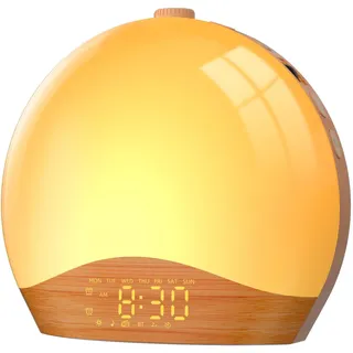 LIORQUE Tageslichtwecker Lichtwecker Sonnenaufgang Sonnenuntergang Simulation, Wecker mit Licht und Wake Up Light, Radio, 9 dynamische Beleuchtungsfarben, 20 Helligkeitsstufen, 2 Alarme und Snooze
