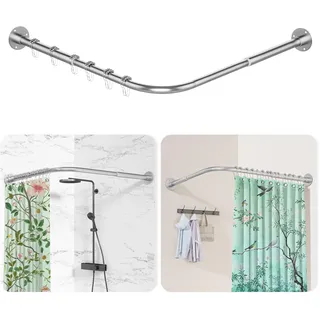 Duschvorhangstange L Form, [60-90 cm] × [60-90 cm] Verstellbare Duschstange Ecke, Duschvorhang Halterung mit 12 ringen & Deckenstütze für Badewanne/Badezimmer, Bohr-Montage Erforderlich, Silber