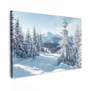 MuchoWow Leinwandbild Winterlandschaft - Natur - Berge - Bäume - Schnee Wanddeko 90x60 cm , Hellblau , Textil , Kiefer , Rechteckig , 90x60 cm , FSC 100% , gerahmt , Bilder & Rahmen, Bilder, Leinwandbilder