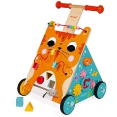 Janod Wooden Activity Baby Walker Cat - Push Along Toy with Brake and Height Adjustable Handle - First Steps, Learning to Walk - From 12 Months Old, J08005
