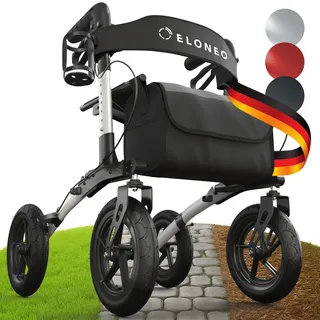ELONEO Rollator faltbar mit Sitz, Outdoor Rollator mit Luftbereifung inkl. Sitzfläche, Rückengurt, höhenverstellbare Gehhilfe aus Aluminium - Silber