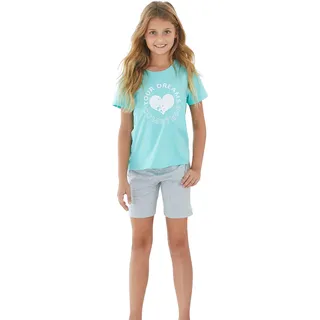 Pyjama BUFFALO, Jungen, Gr. 146/152, grau (mint, grau, meliert), Jersey, Obermaterial: 100% Baumwolle, bedruckt, Basic, bequem kurz, Rundhals, abgesteppte Kante, Homewear-Sets Pyjama, Schlafanzug mit Herz Print vorn, Topseller