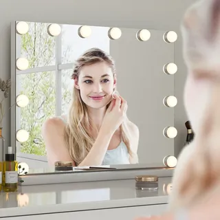 COSTWAY Hollywood Spiegel mit Beleuchtung, Tischspiegel mit 14 dimmbaren LED-Leuchten und 3 Lichtfarben - Weiß